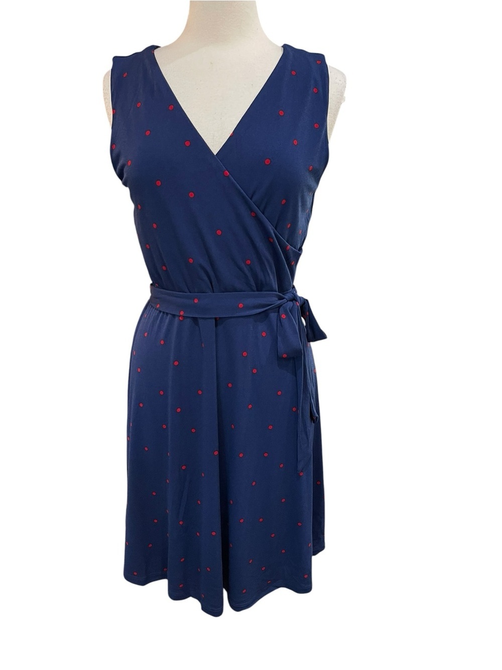 New 41 Hawthorn Faux Wrap Stretch Polka Dot Sleeveless Dress Navy Blue Red SZ L